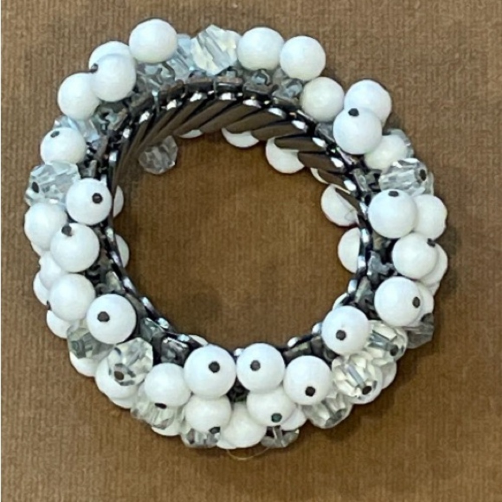 Vintage Milk Glass & Crystal Cluster Stretch Bracelet | Mid-Century Statement